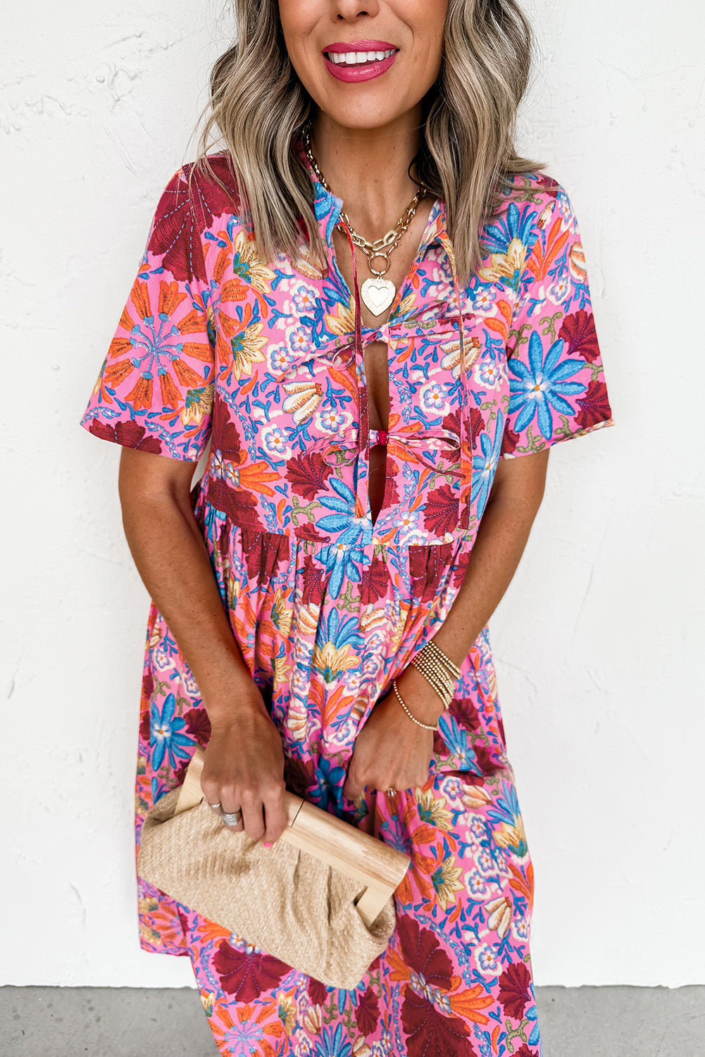 Rose Floral Print Tie Front High Waist Loose Midi Dress