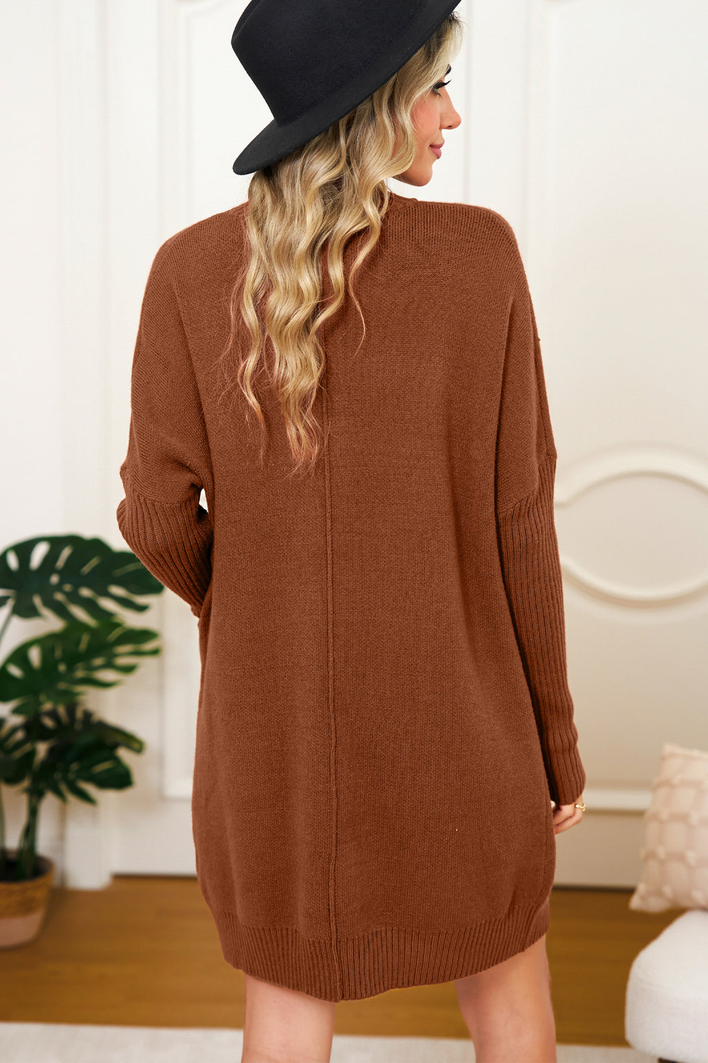 Chestnut Ribbed High Neck Front Pockets Center Seam Shift Sweater Dress