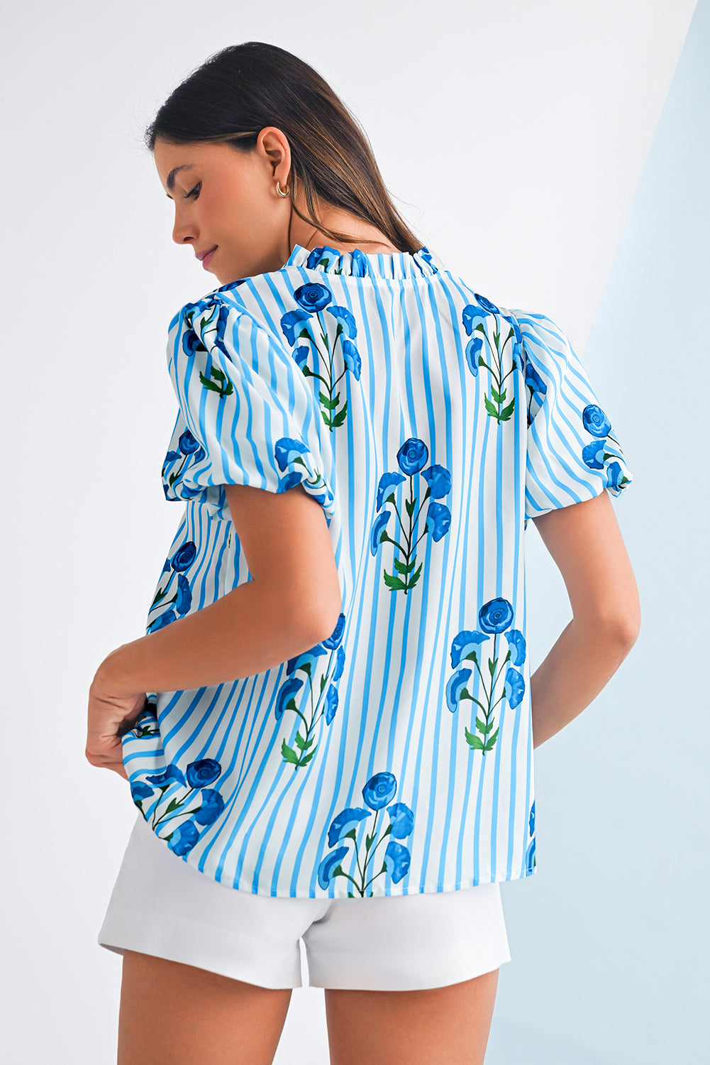 Sky Blue Stripe Boho Floral Print Frill V Neck Puff Sleeve Blouse