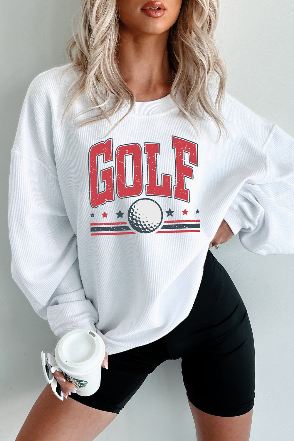 White GOLF Ball Heat Transfer Printing Ribbed Sweatshirt