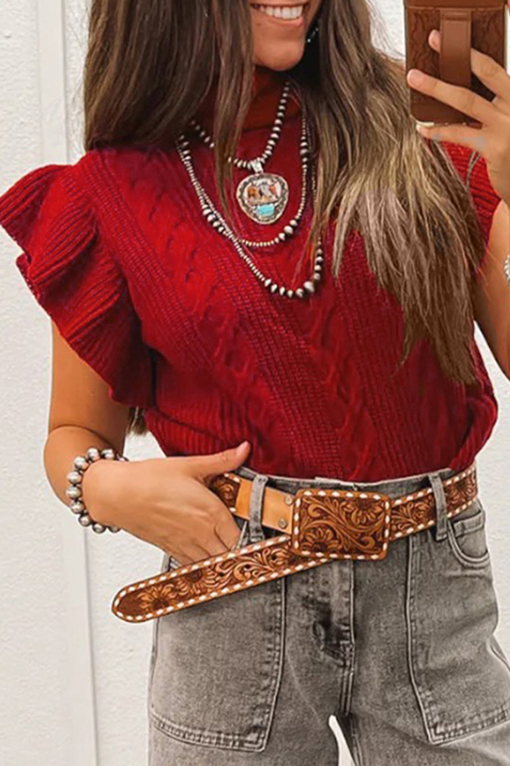 Tomato Red Cable Knit Turtleneck Ruffled Short Sleeve Sweater