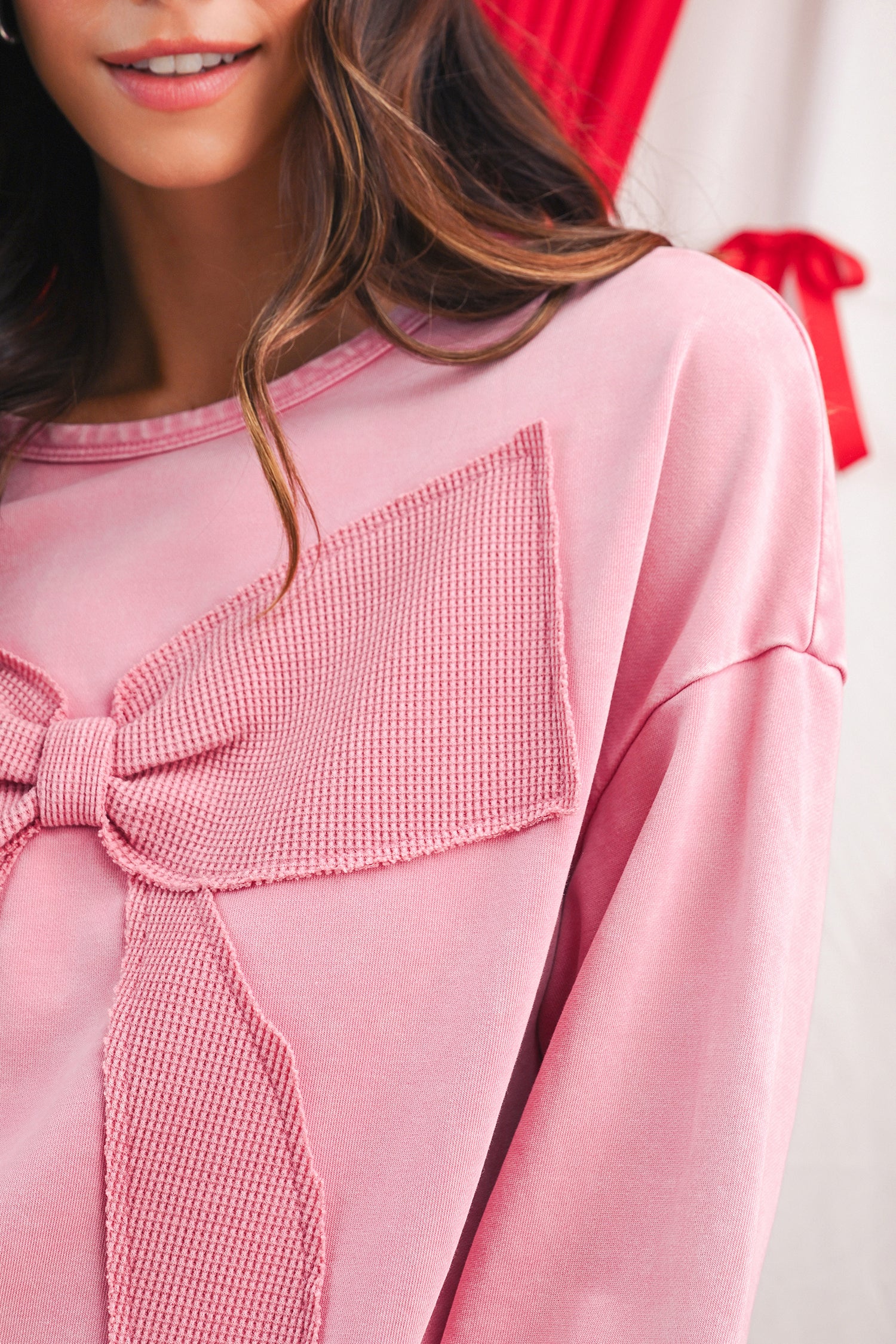 Bright Pink Mineral Wash Waffle Bow Patched Pullover Sweatshirt