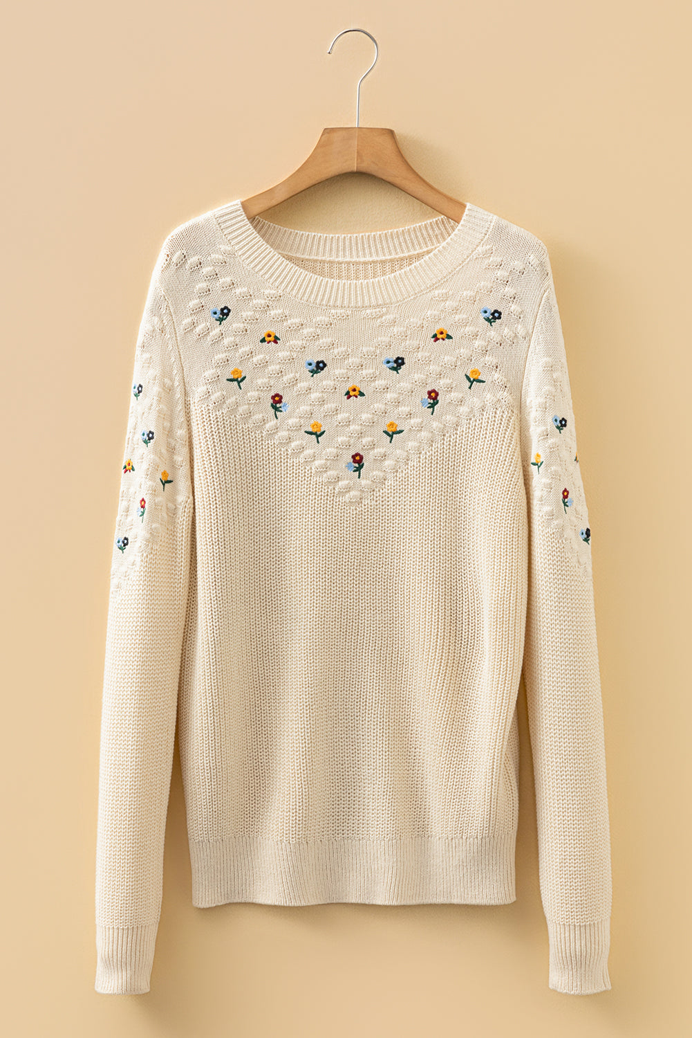 Jet Stream Mixed Texture Knit Flower Embroidered Detail Casual Sweater