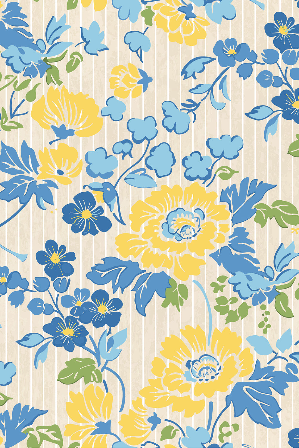 Blue Floral Striped Mixed Print Puff Sleeve Blouse