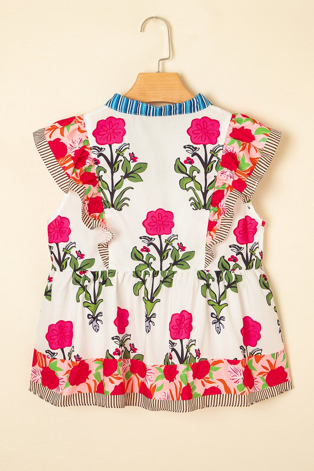 Pink Floral Print Striped Patchwork Flutter Sleeve Blouse