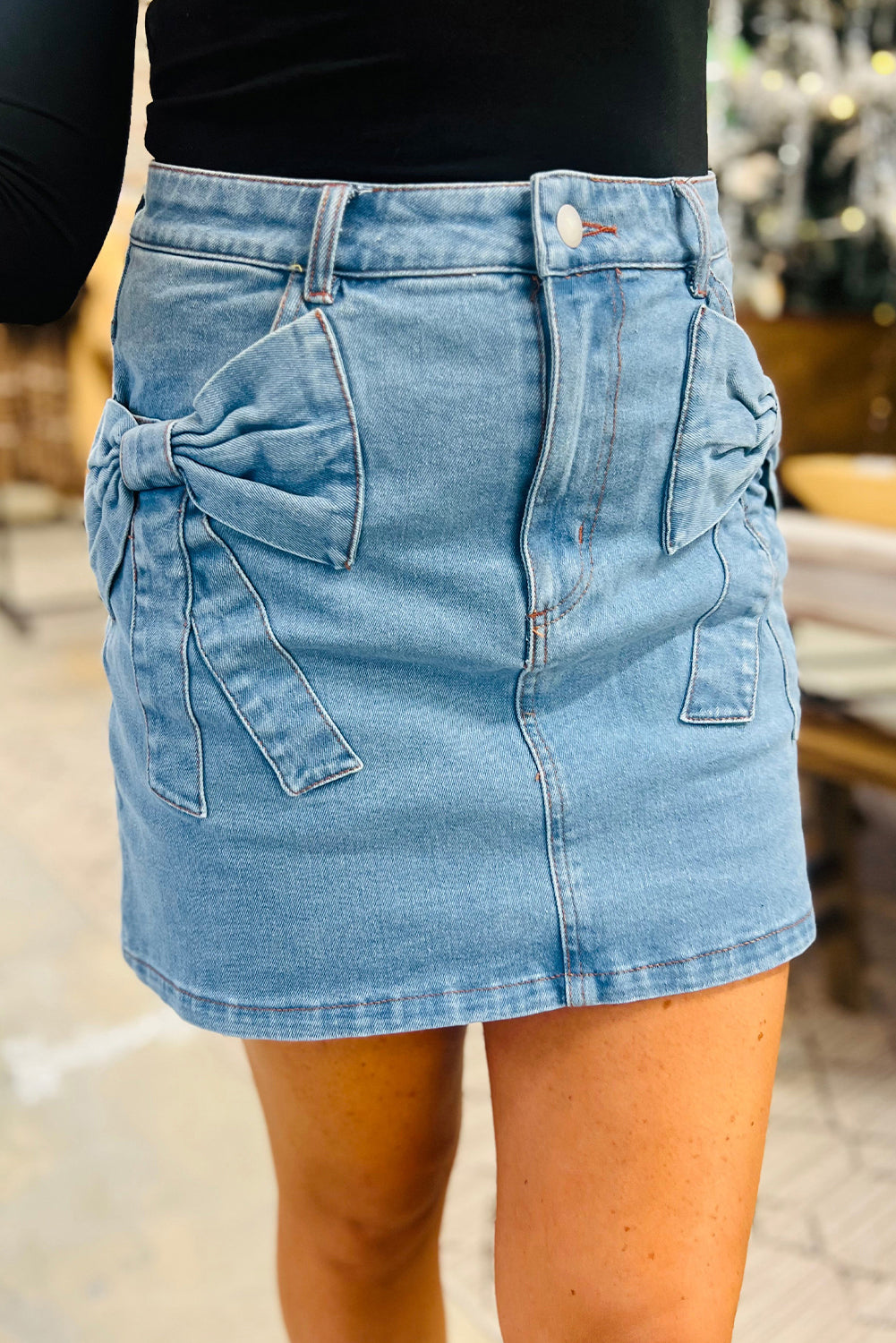 Dusk Blue Acid Washed Bowknot Details High Waist Denim Skirt