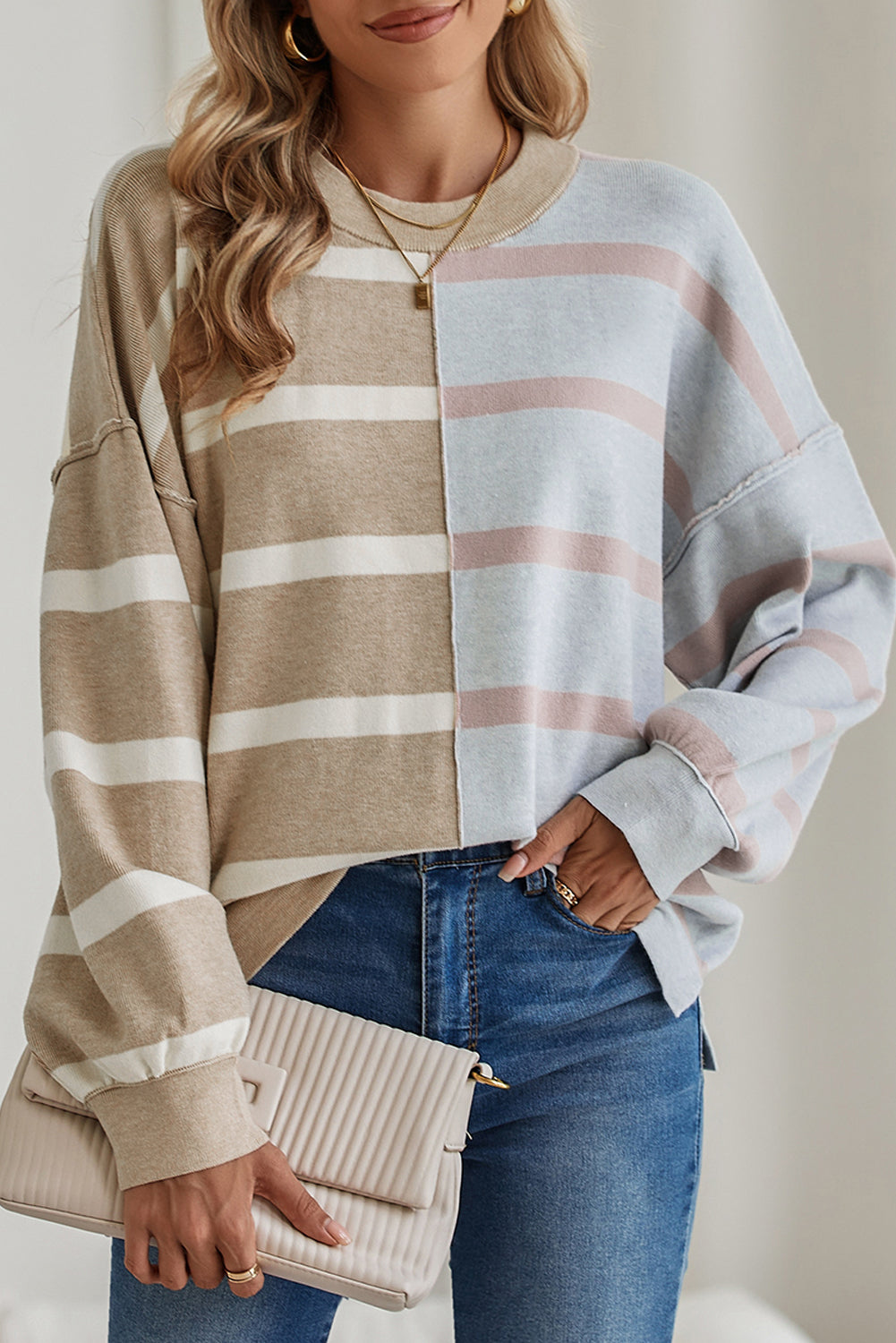 Khaki Stripe Exposed Seam Loose Sweater