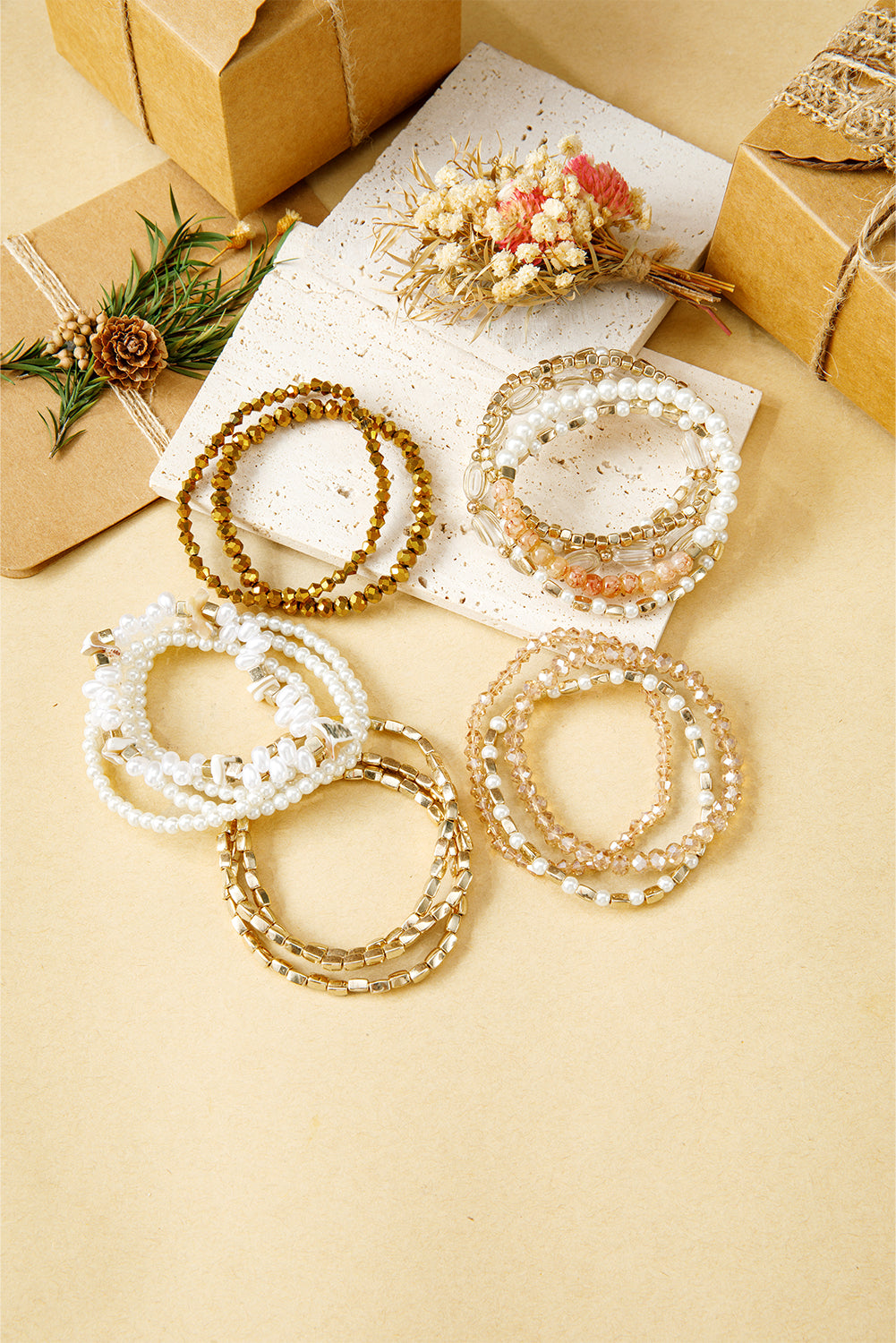 Gold 17pcs Baroque Style Pearl Crystal Beads Multi Layer Bracelet Set