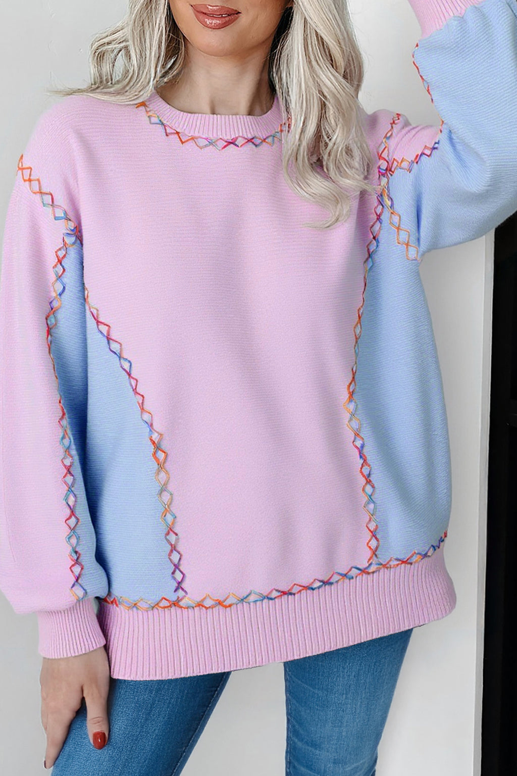 Orchid Bouquet Rainbow Stitching Balloon Sleeve Relaxed Sweater