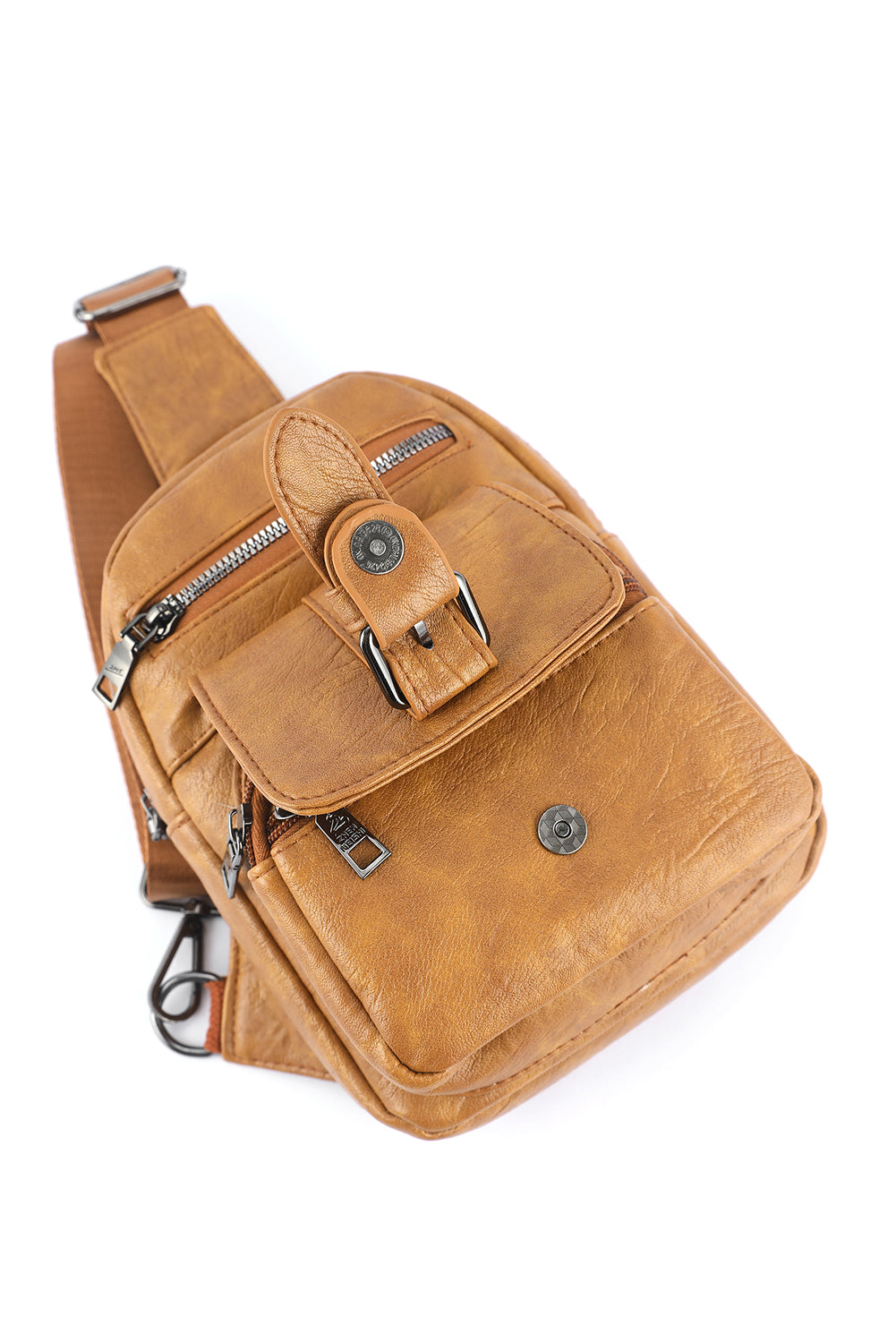 Khaki Vintage Zipper Multi Pockets PU Sling Bag