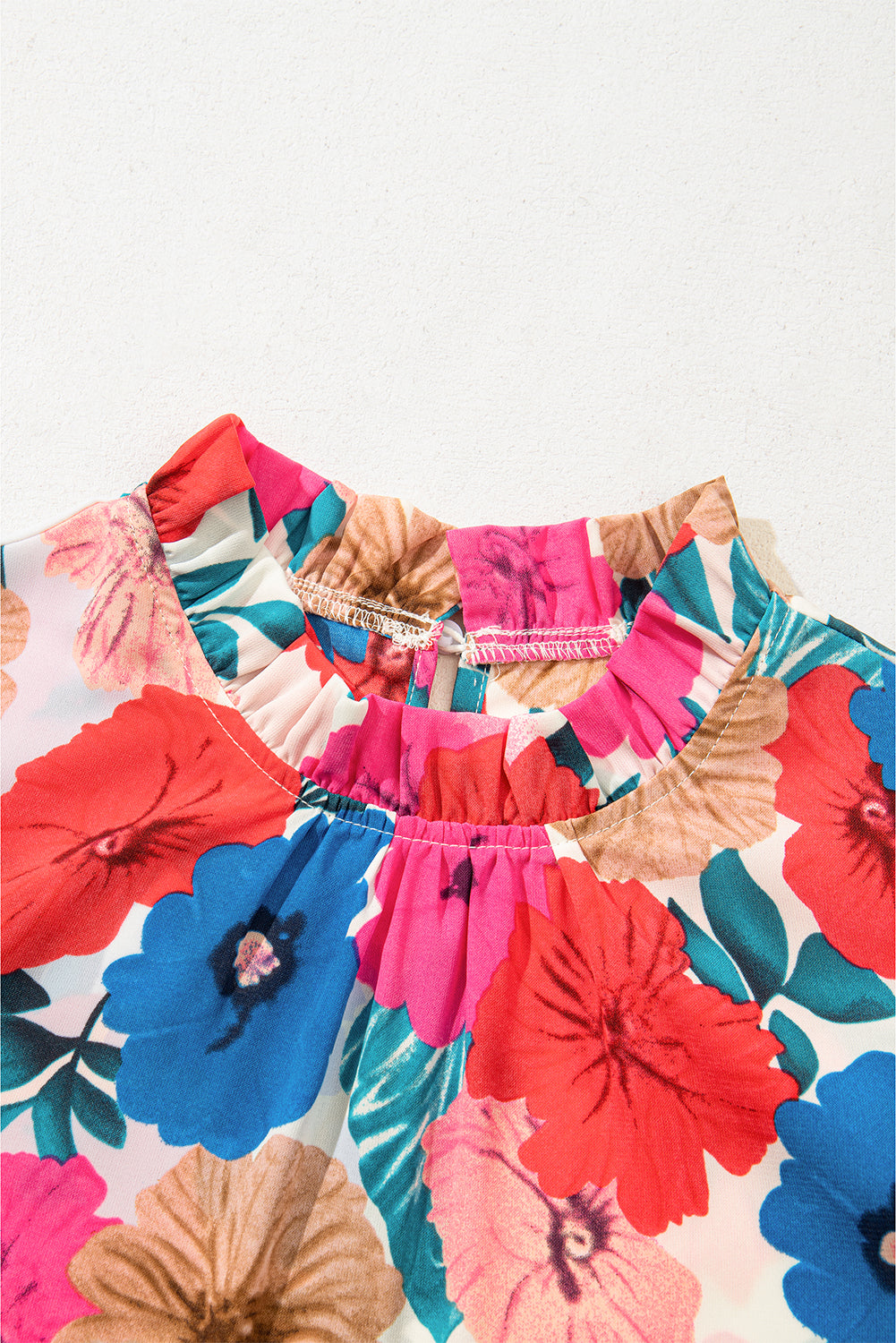 Sky Blue Floral Mock Neck Striped Ruffle Blouse