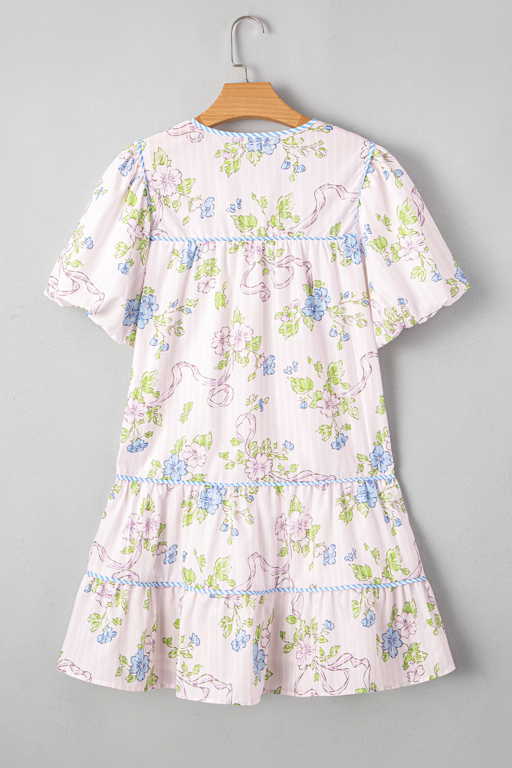 Pink Floral Striped Print Contrast Trim Tie Split Neck Mini Dress