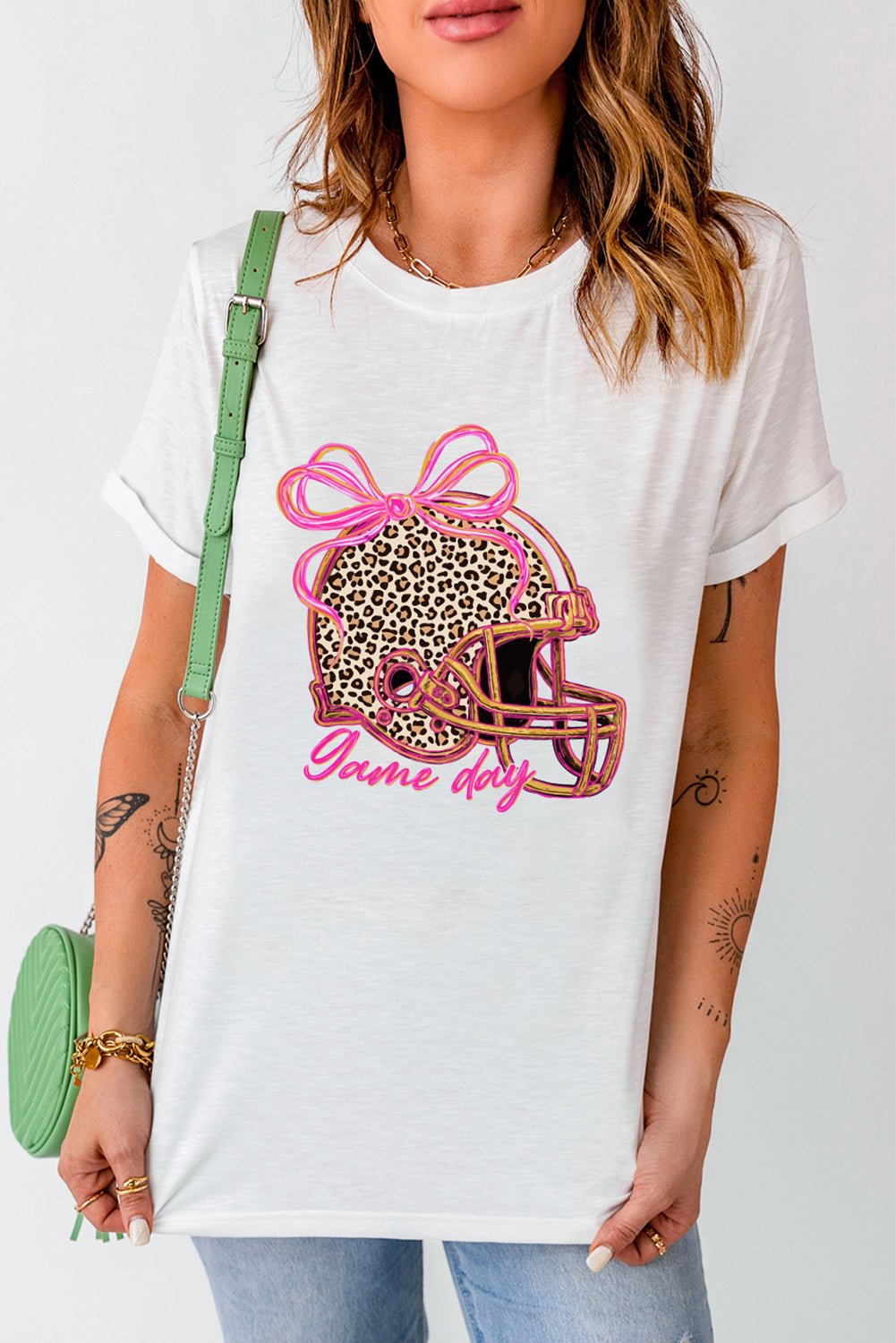 White Leopard Game Day Helmet Graphic Heat Transfer Printing Tee
