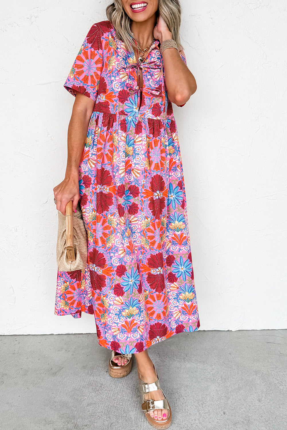 Rose Floral Print Tie Front High Waist Loose Midi Dress