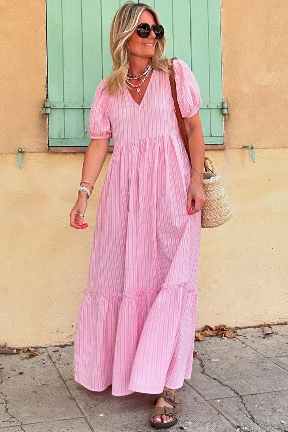 Pink Striped V Neck Puff Sleeve Frill Tiered Maxi Dress