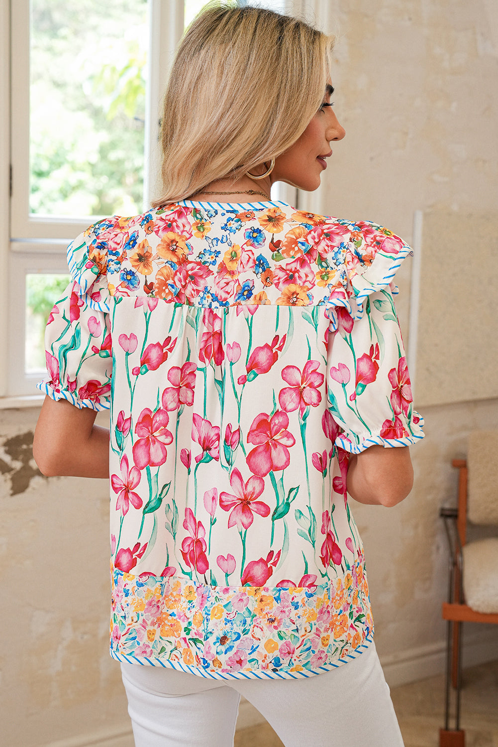 Pink Floral Print Striped Detail Split Neck Short Sleeve Blouse