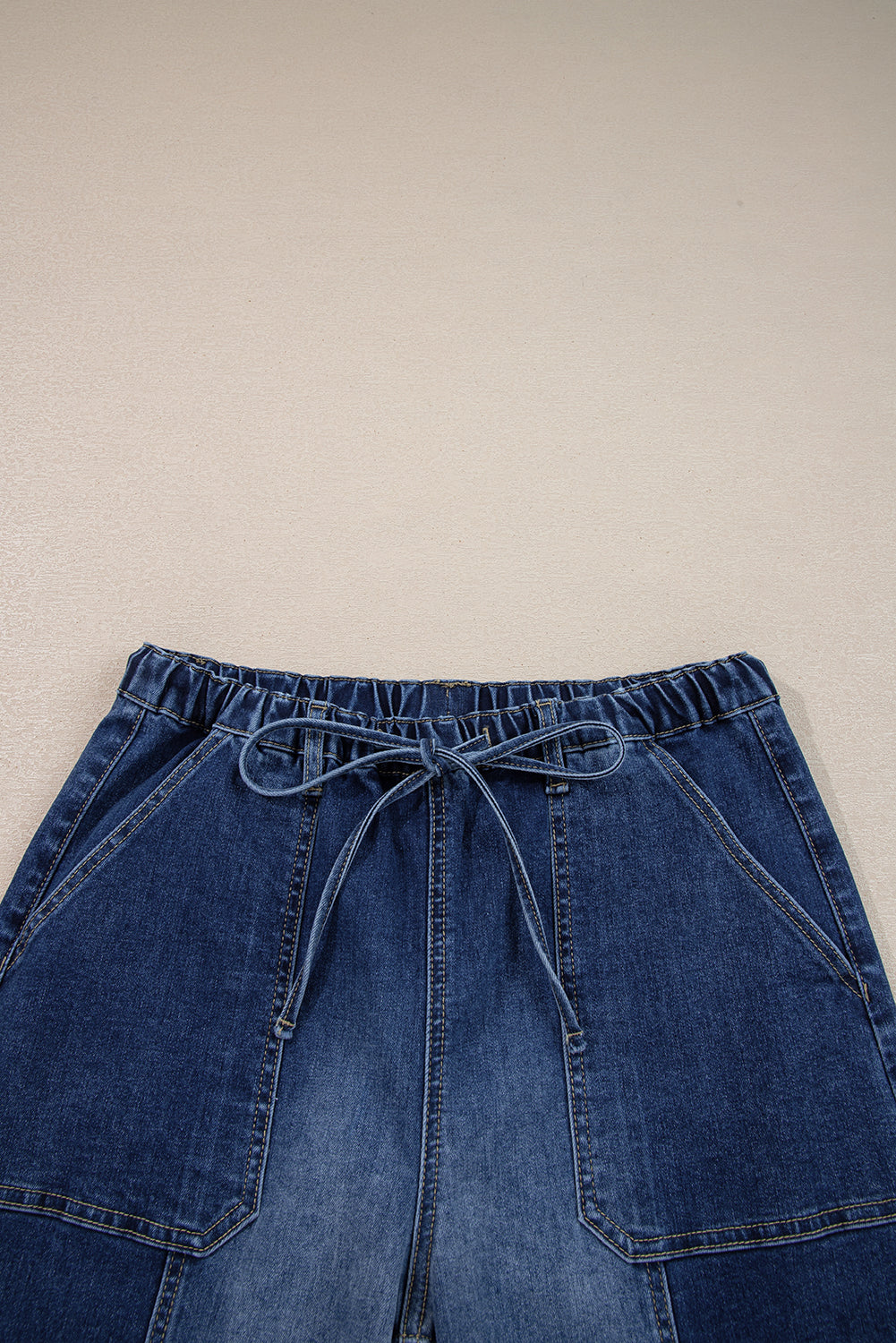 Prussian Blue Drawstring Seam Detail Raw Hem Wide Leg Jeans