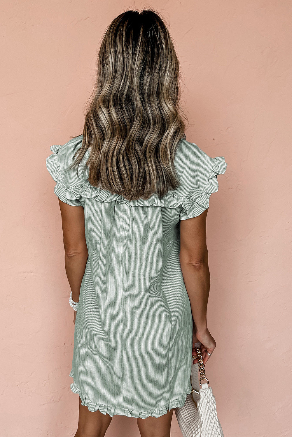 Green Stripe Frill Trim Pocket Button Up Mini Dress