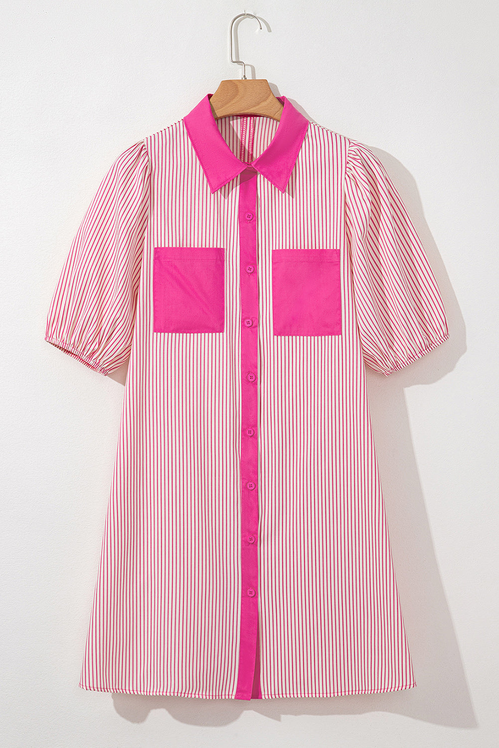 Rose Stripe Color Block Patchwork Shirt Collar Button Down Puff Sleeve Mini Dress