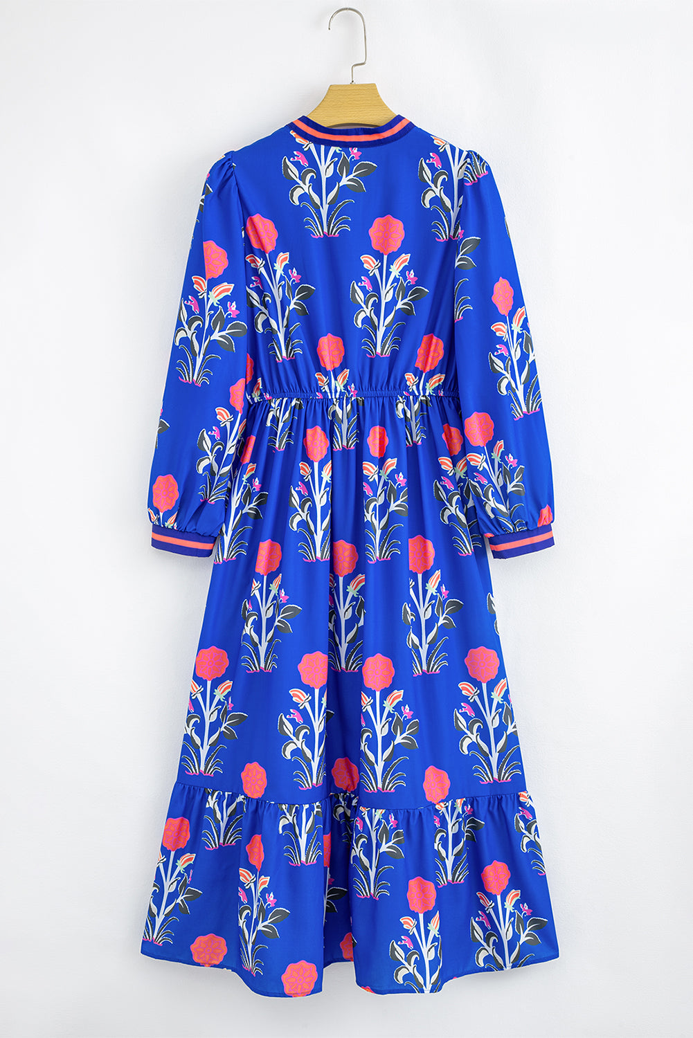 Blue Floral Print Pop of Color Neckline Long Sleeve Midi Dress