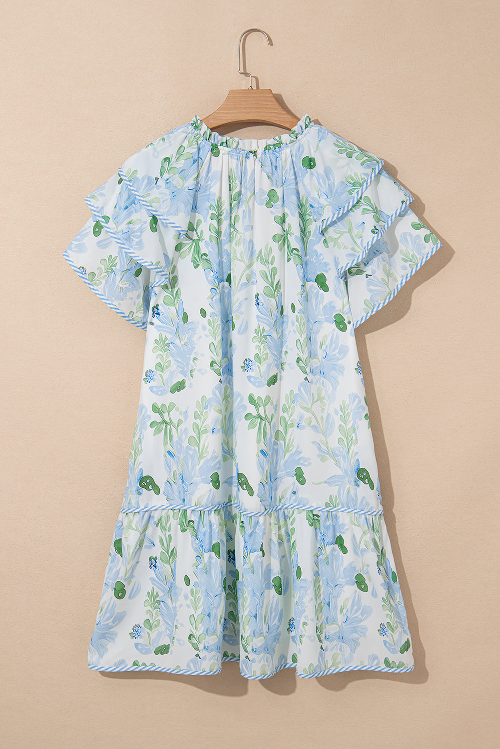 Sky Blue Floral Contrast Edge Ruffle Sleeve Tie Neck Mini Dress