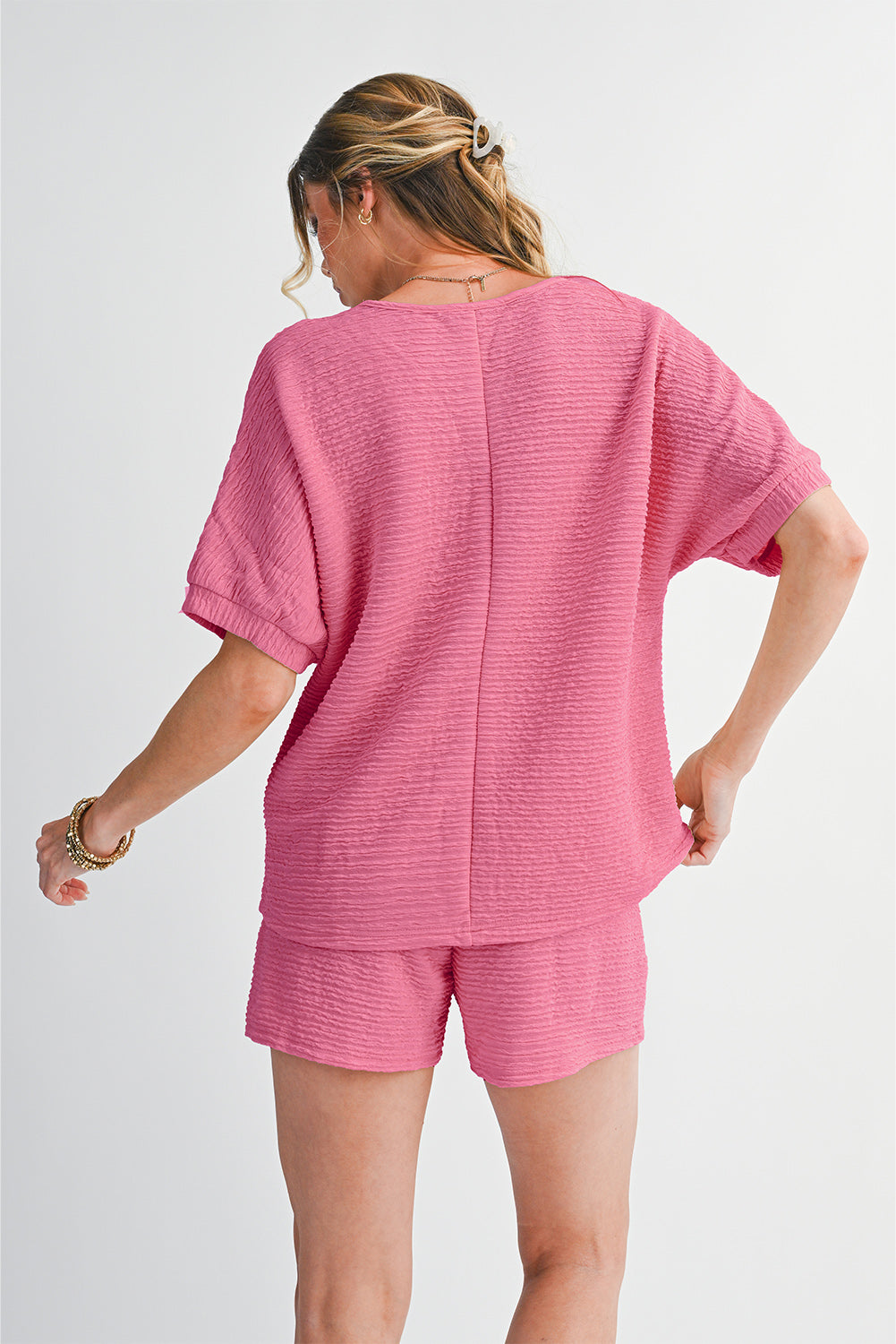 Pink Textured V Neck T Shirt and Shorts Set