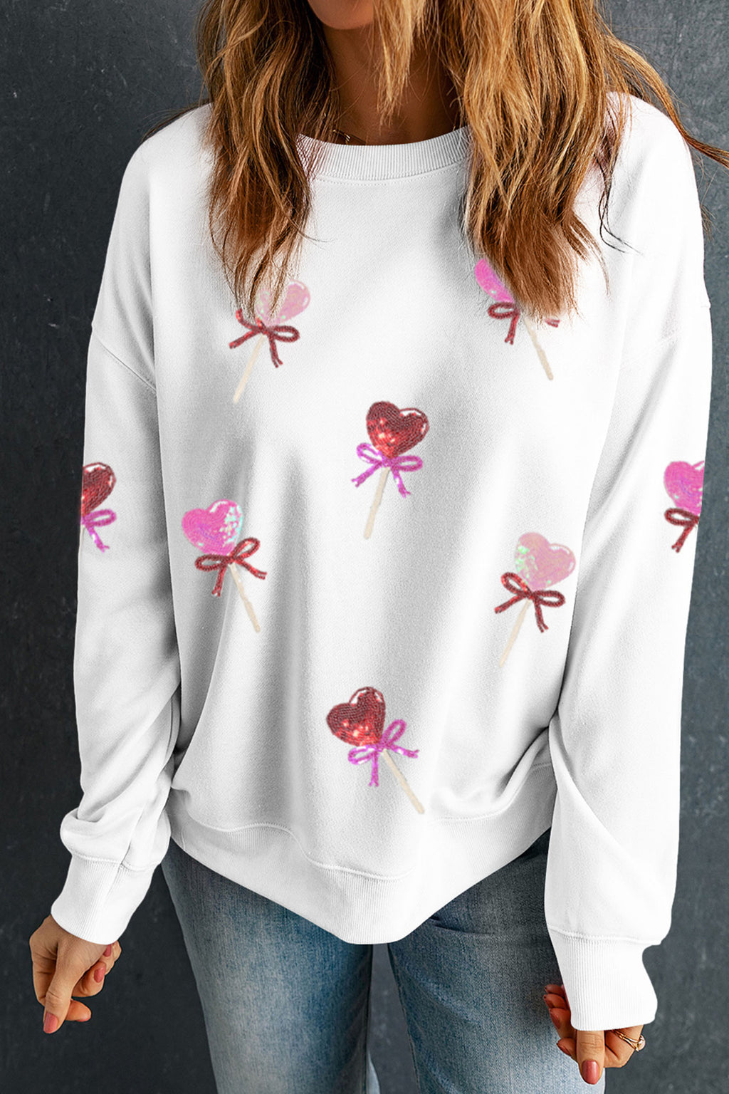 White Sequin Bow Heart Shape Lolly Valentines Day Graphic Sweatshirt