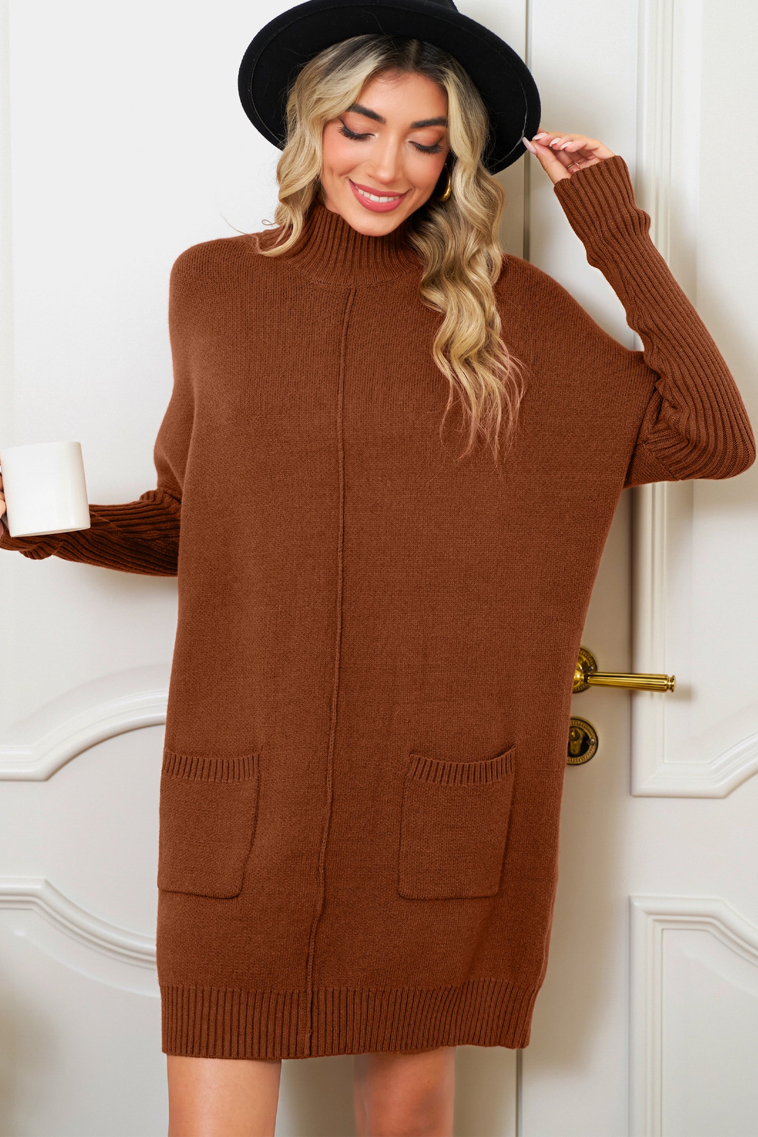 Chestnut Ribbed High Neck Front Pockets Center Seam Shift Sweater Dress