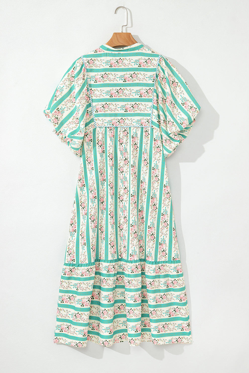 Multicolor Boho Floral Striped Tie V Neck Long Dress