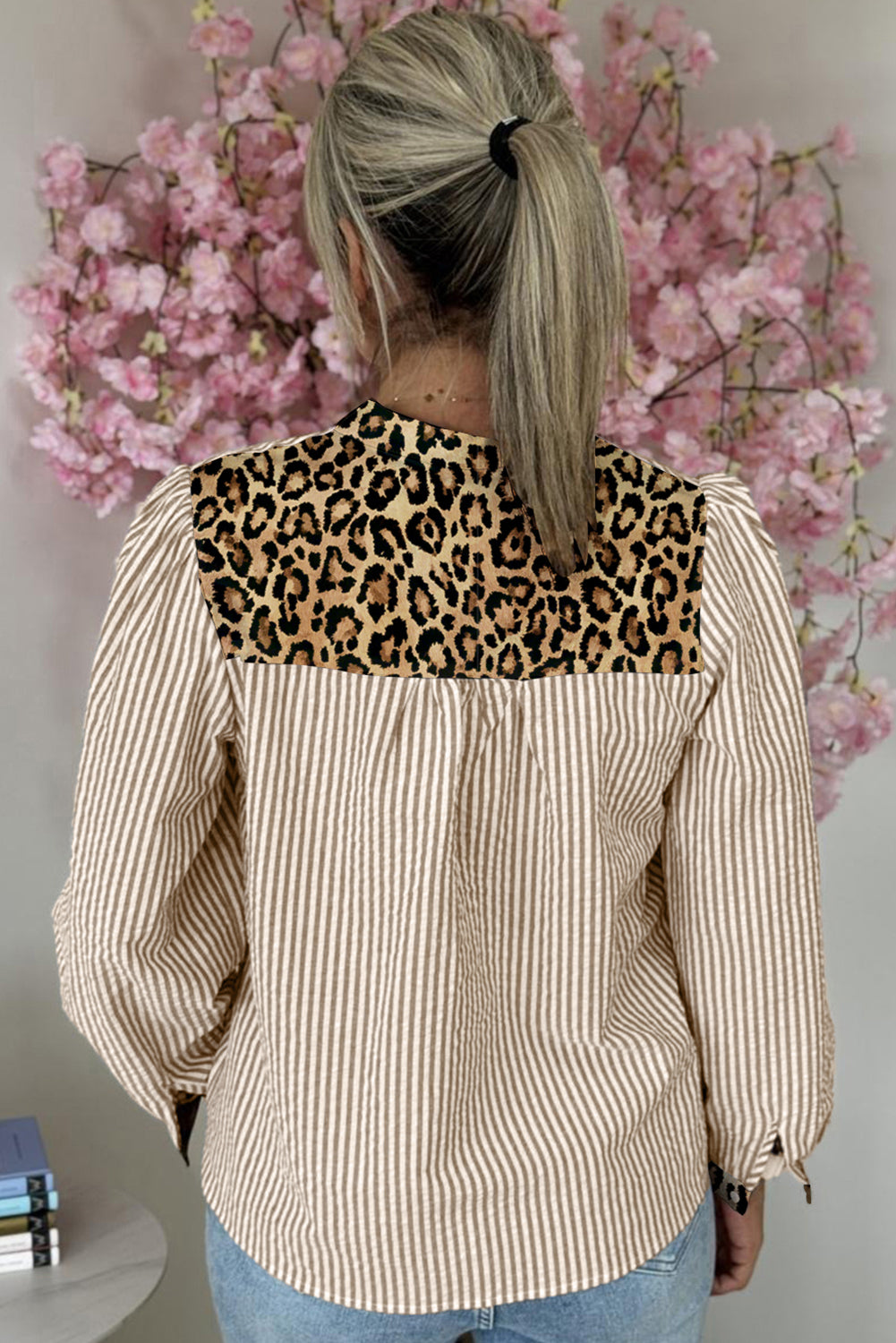Brown Stripe Leopard Print Patchwork Puff Sleeve Shirt