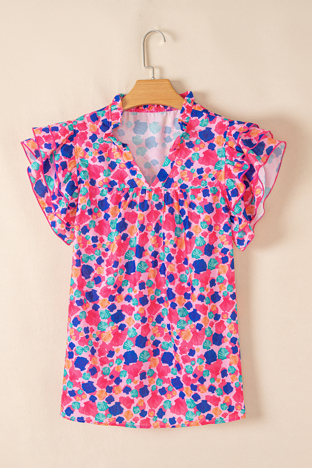 Rose Red Abstract Print Ruffle Sleeve V Neck Blouse