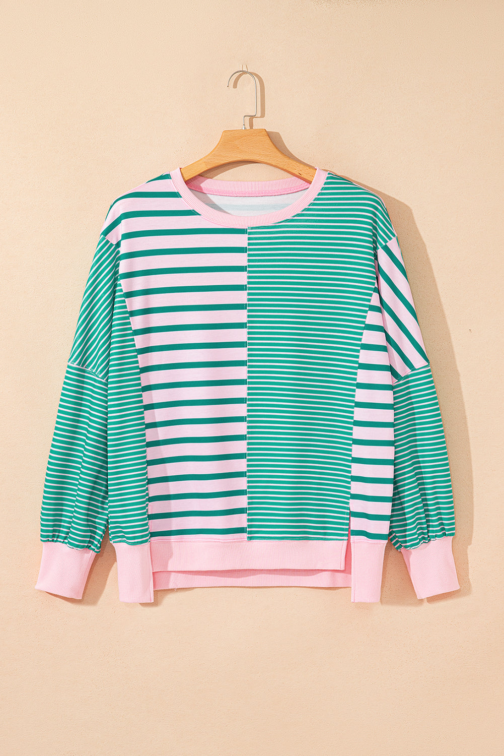 Green Stripe Colorblock Patchwork Side Split Sweatshirt