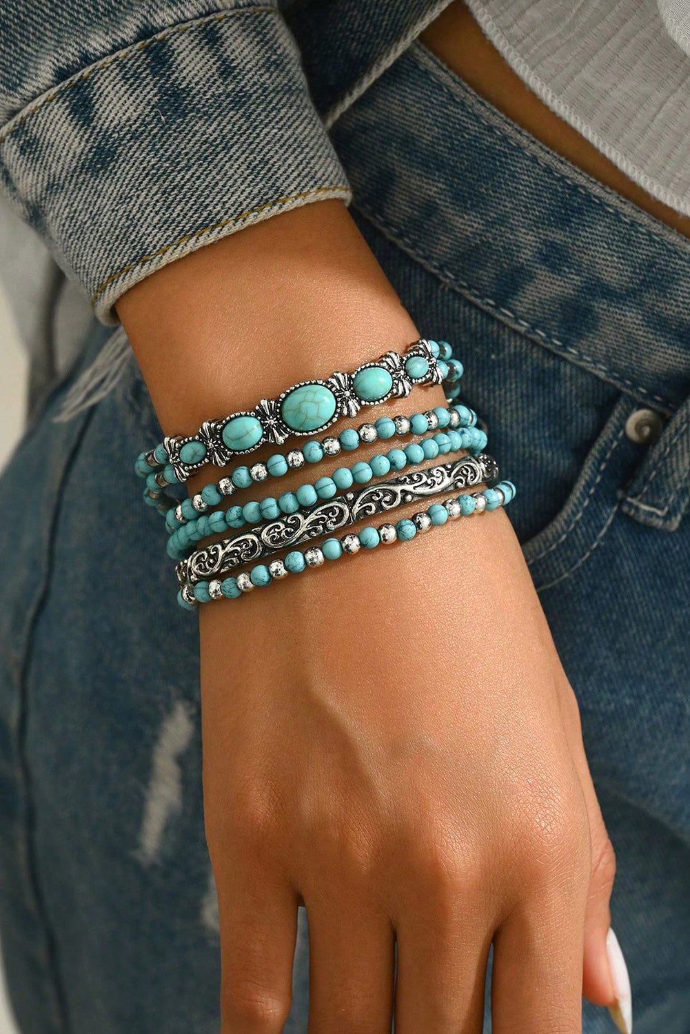 Silvery Vintage Turquoise Beaded Bracelet Set