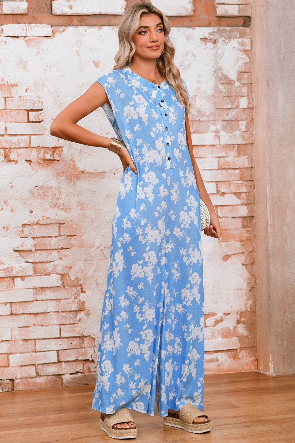 Myosotis Floral Print Sleeveless Wide Leg Jumpsuit