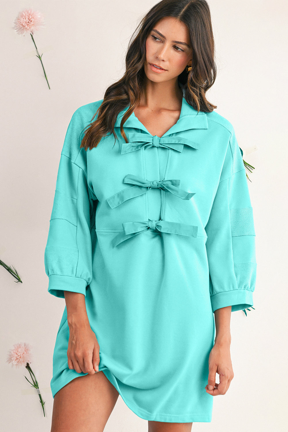 Moonlight Jade Bow Front Patchwork Bracelet Sleeve Mini Dress