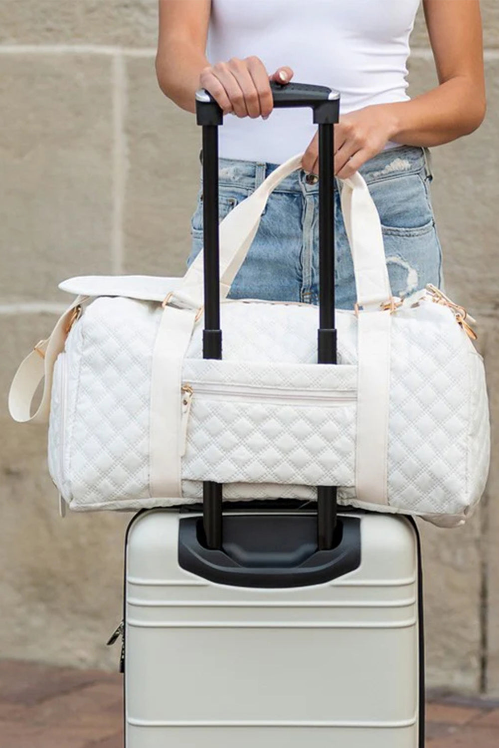 White Plaid Textured Large Capacity Travel Duffle Bag