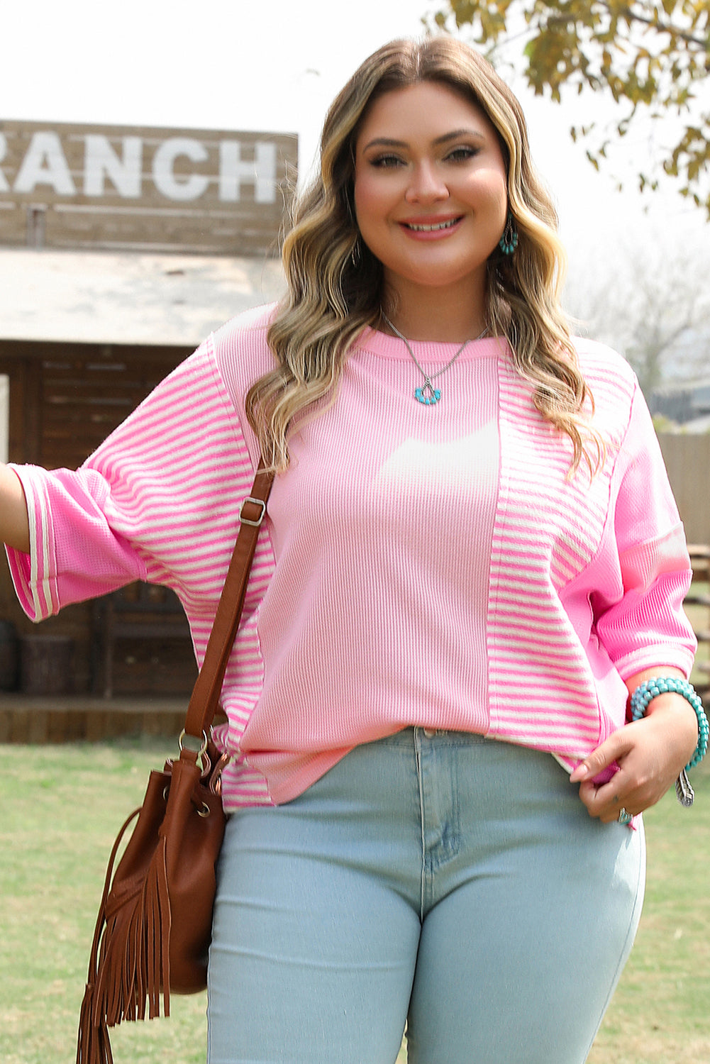 Pink Stripe Waffle Patchwork Plus Size T-Shirt