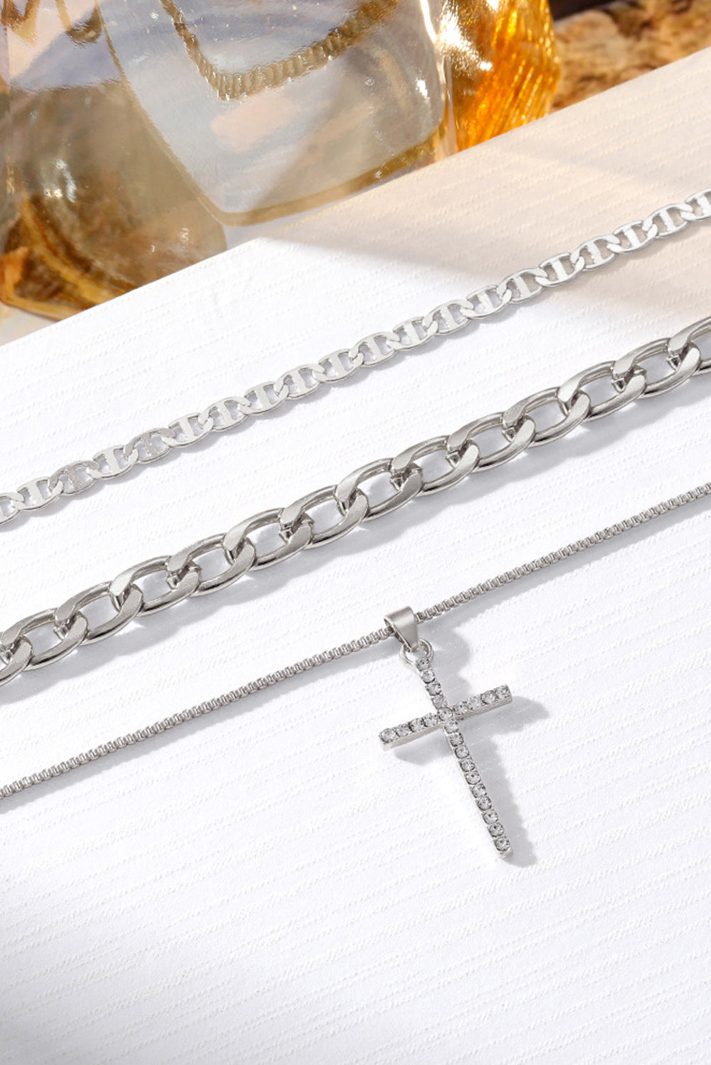 Silvery Rhinestone Cross Pendant Multi Layer Stacked Chain Necklace