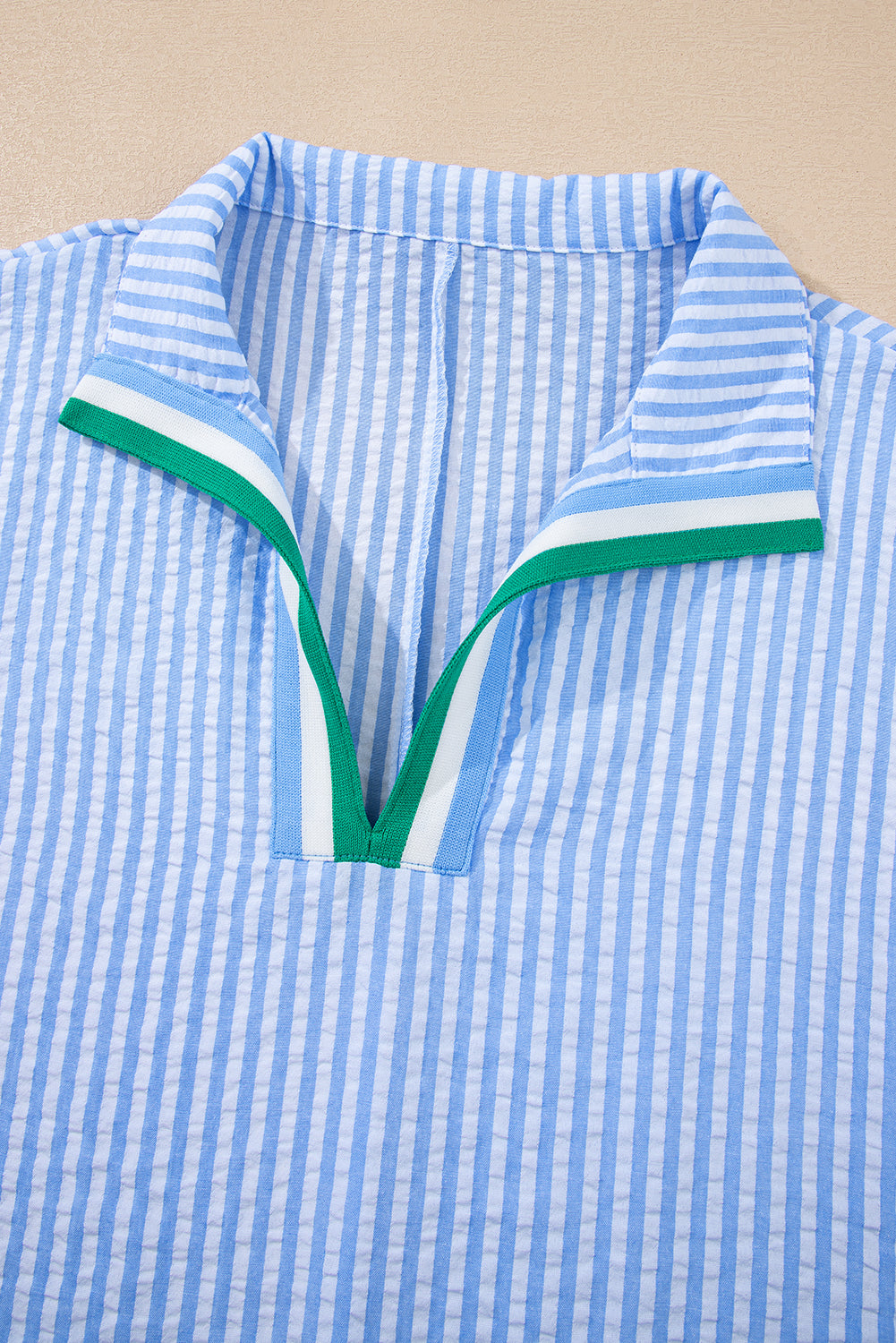 Sky Blue Striped Dolman Sleeve Pop of Color Neckline Blouse