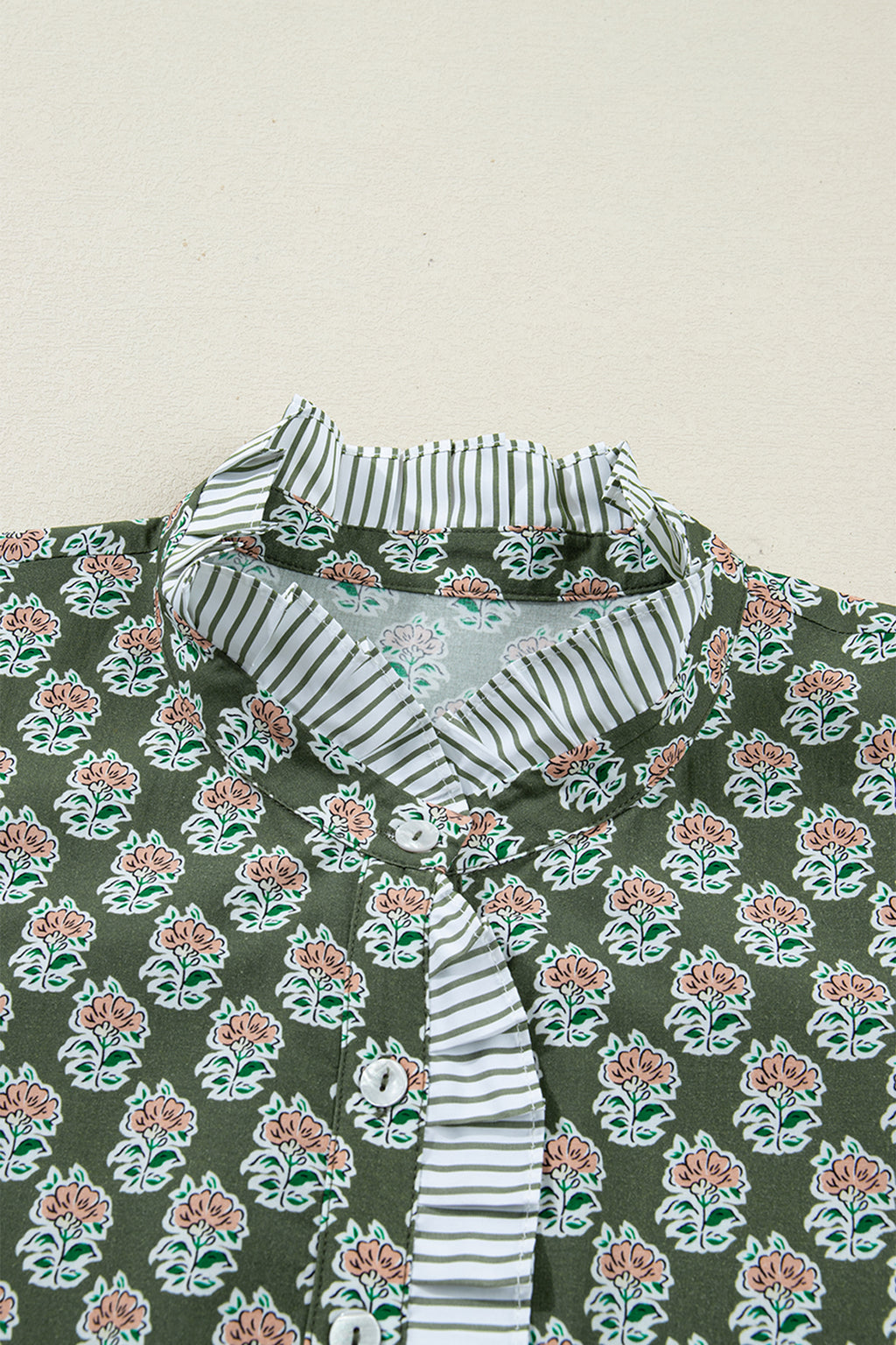 Green Contrast Striped Frilled Collar 3/4 Sleeve Plus Size Floral Dress