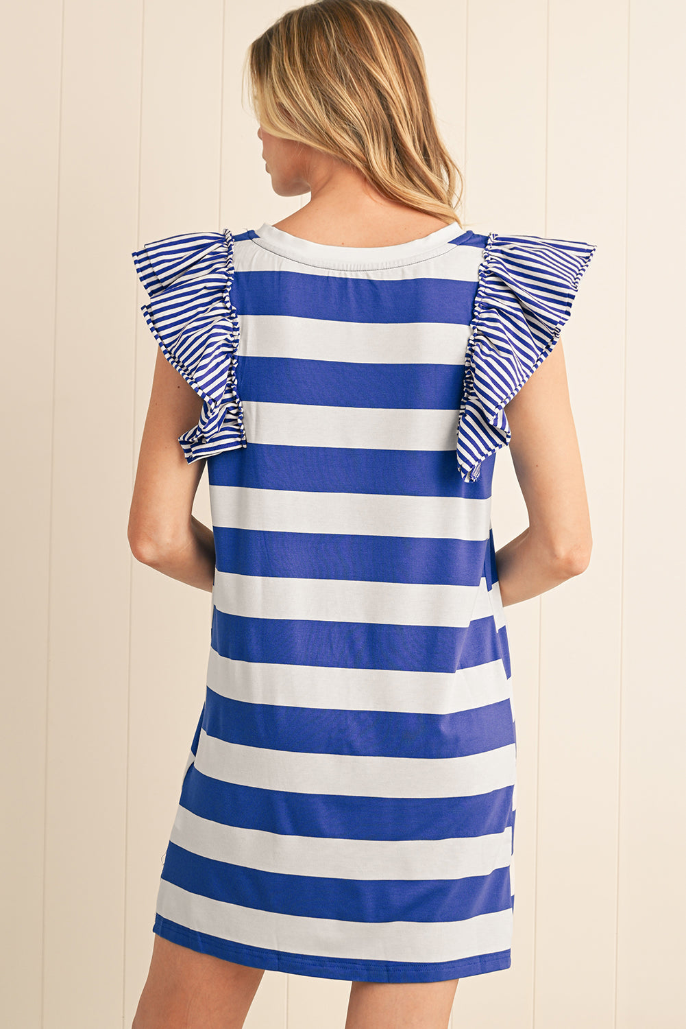 Sky Blue Stripe Ruffle Sleeve T Shirt Dress