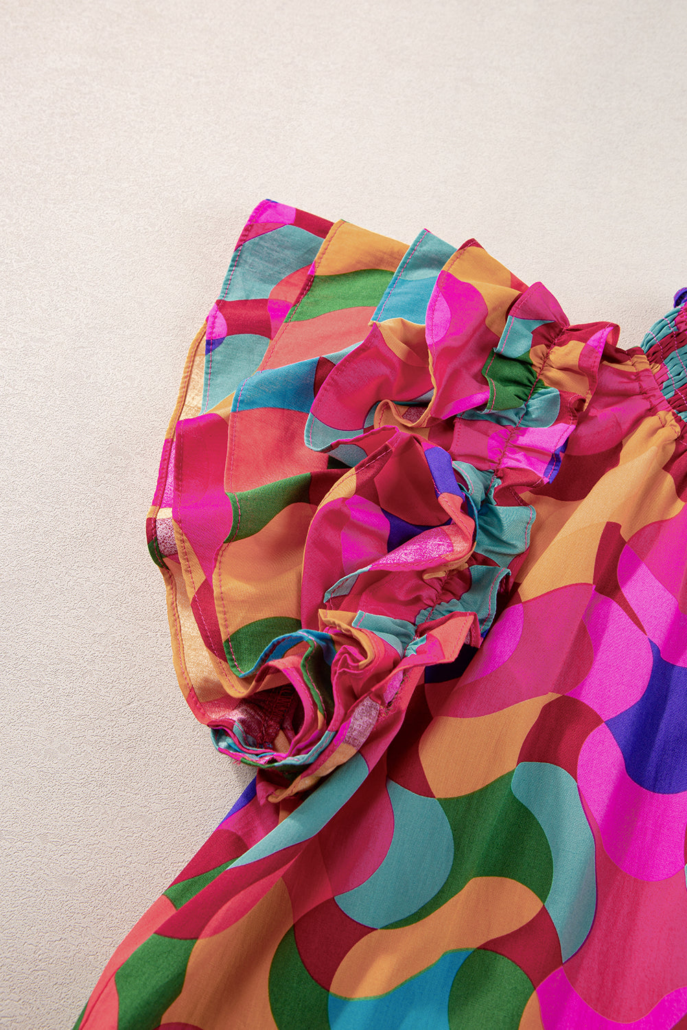 Rose Red Abstract Print Smocked Neck Layered Ruffle Sleeve Blouse