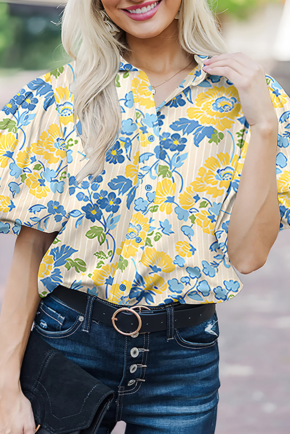 Blue Floral Striped Mixed Print Puff Sleeve Blouse