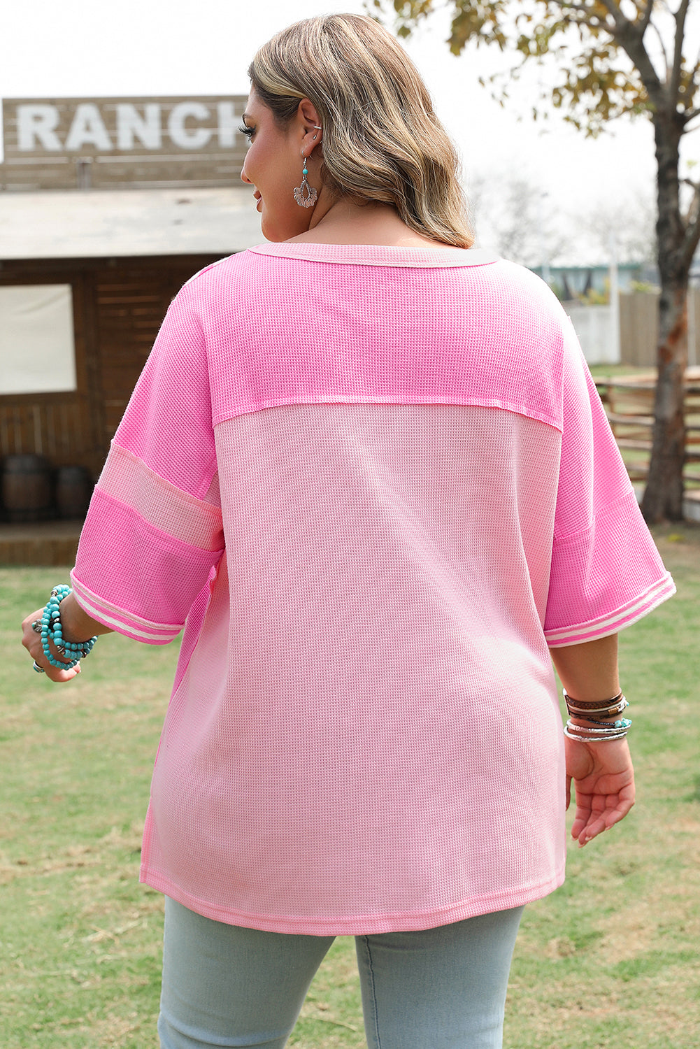 Pink Stripe Waffle Patchwork Plus Size T-Shirt