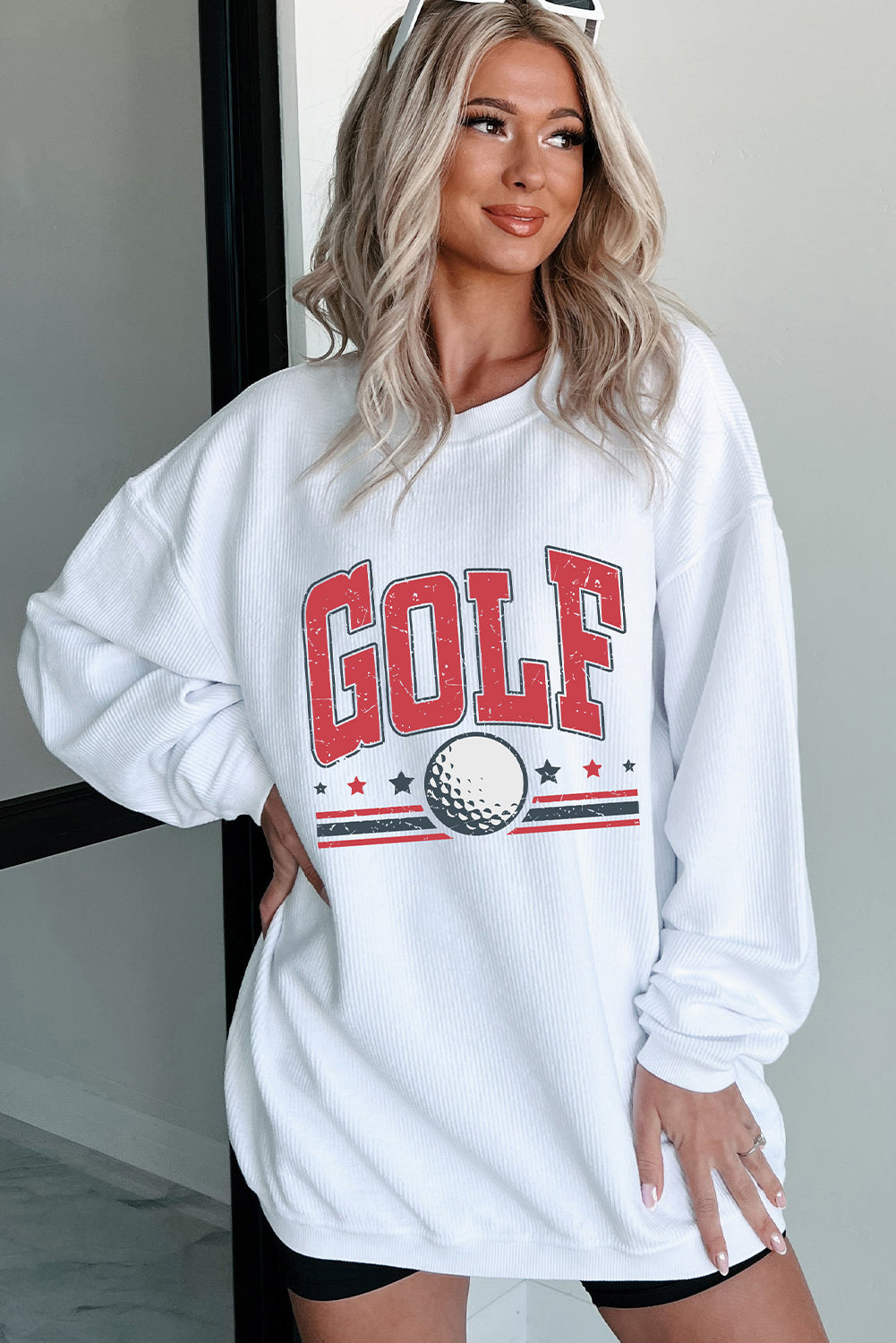 White GOLF Ball Heat Transfer Printing Ribbed Sweatshirt