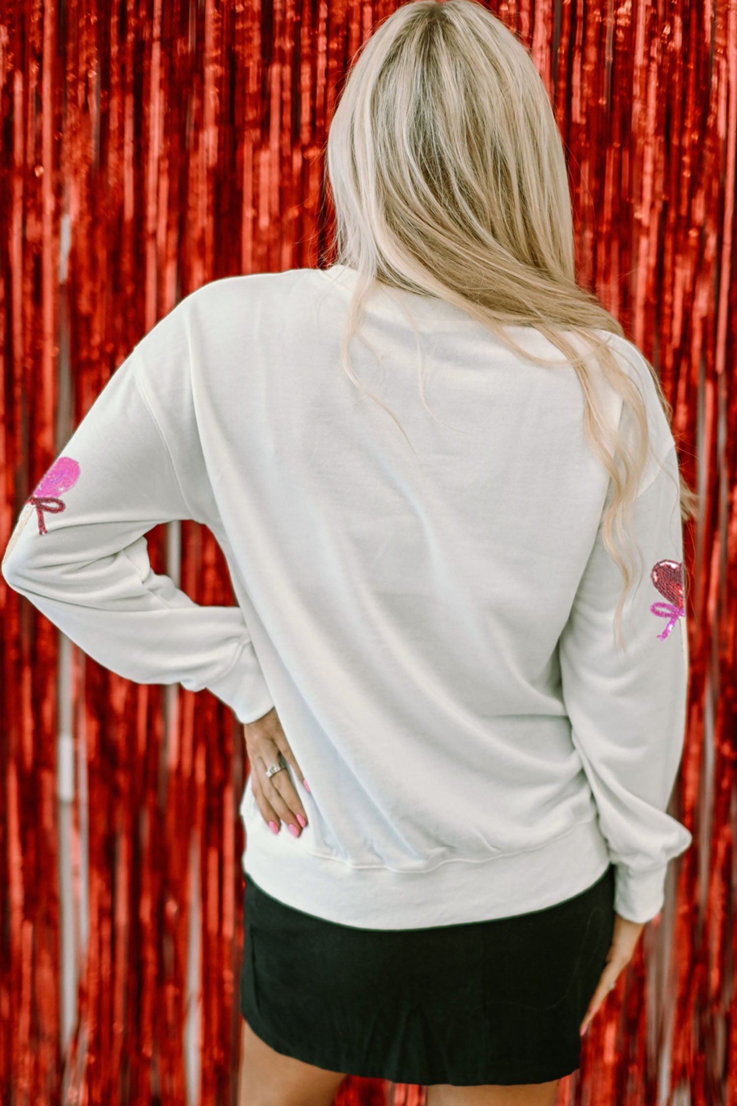 White Sequin Bow Heart Shape Lolly Valentines Day Graphic Sweatshirt