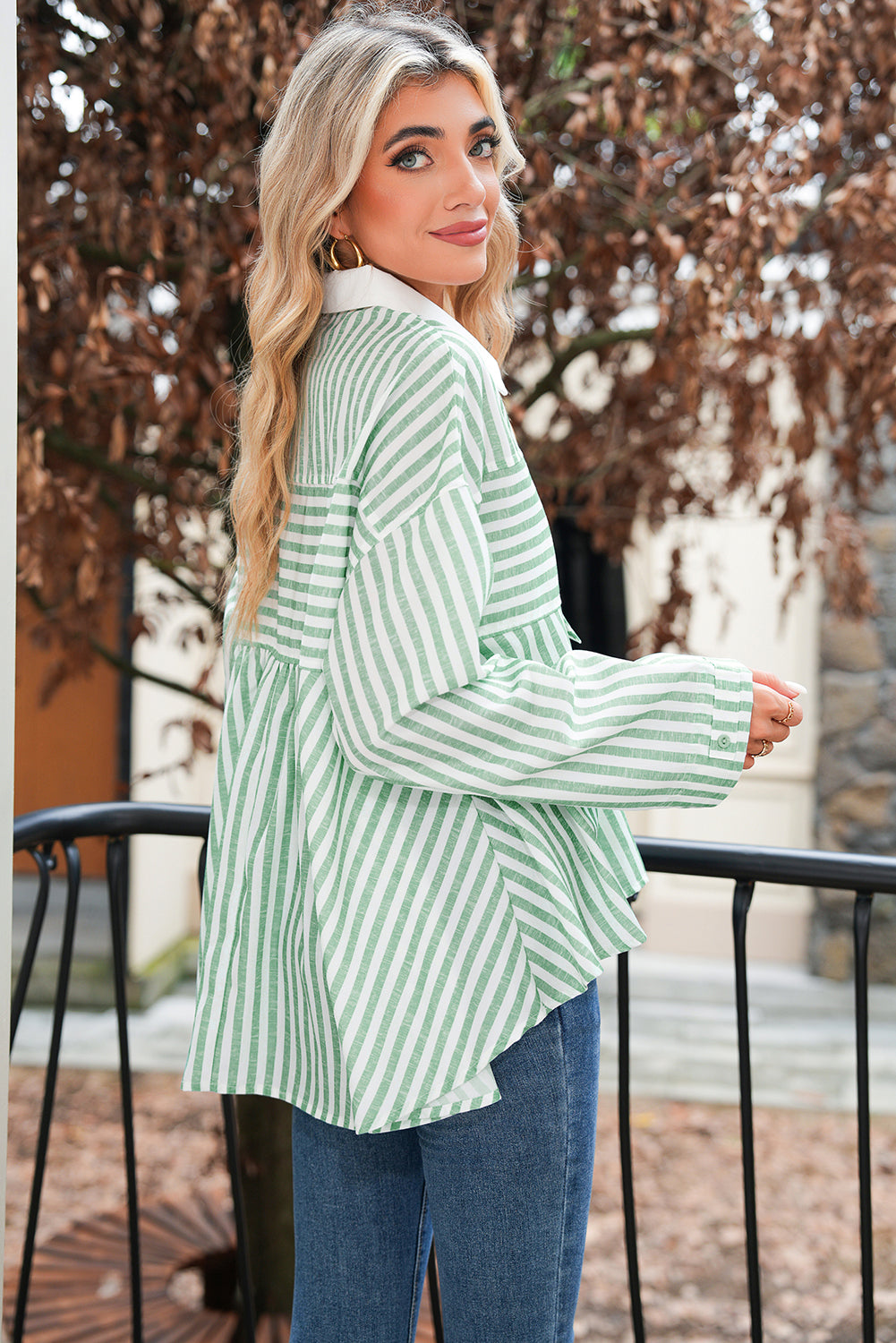 Green Striped Zipper Collar Long Sleeve Top