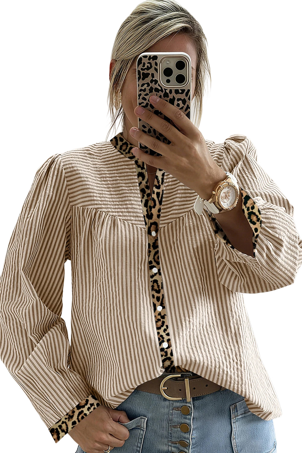 Brown Stripe Leopard Print Patchwork Puff Sleeve Shirt