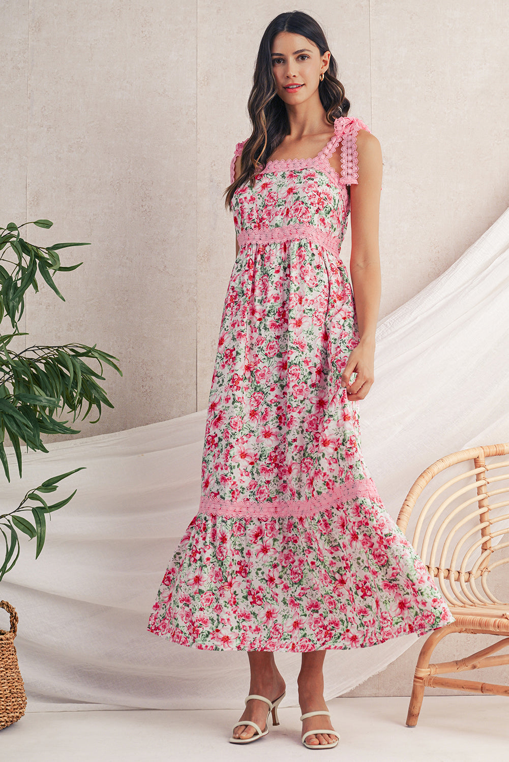 Pink Floral Lace Tied Strap Empire Waist Maxi Dress