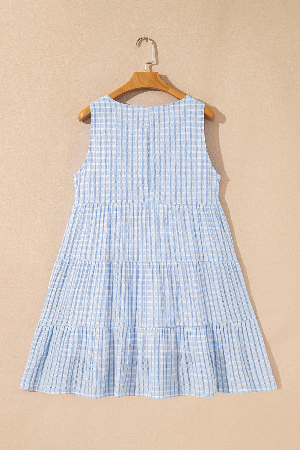 Light Blue Gingham High Waist Sleeveless Mini Dress